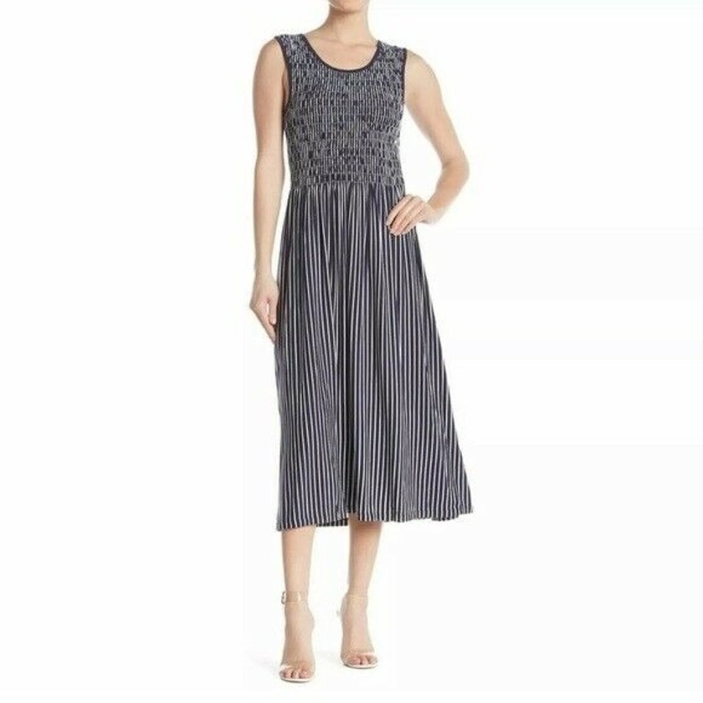 Max Studio Black and White Stripe Jersey Smocked Sleeveless Dress Size Large